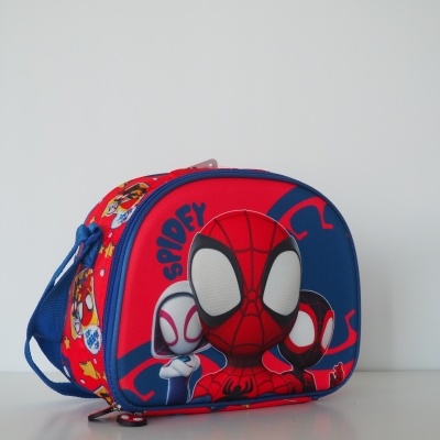 Mala pequena Homem-Aranha vermelha e azul com texto SPIDEY