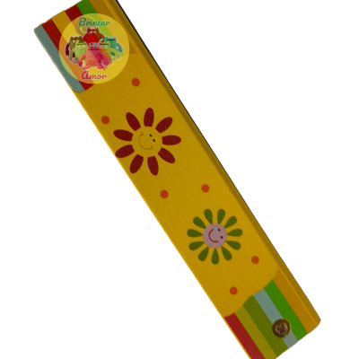 Marcador de páginas amarelo com flores e riscas coloridas