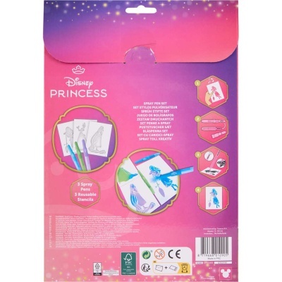 Embalagem de conjunto de canetas de spray Disney Princess com stencils.