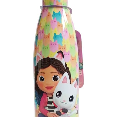 Garrafa metálica rosa com padrão de gatos e imagem de menina animada com gato branco
