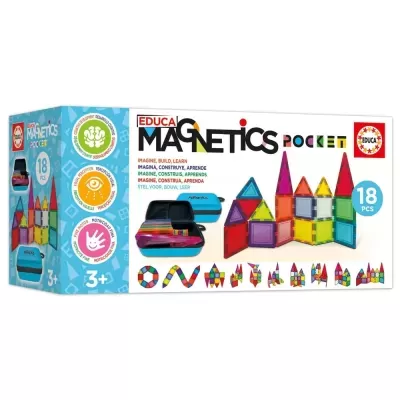 Jogo educativo de peças magnéticas coloridas com estojo azul