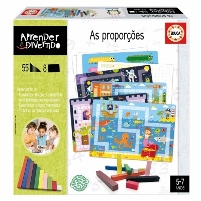 Jogo educativo para ensinar proporções com peças coloridas e cartões ilustrados.