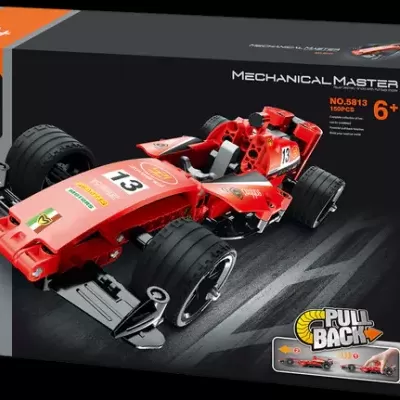 Caixa de brinquedo construção de carro de Fórmula 1 vermelho com texto Mechanical Master.