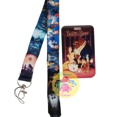 Lanyard e caixa metálica de 'Beauty and the Beast' com personagens e texto