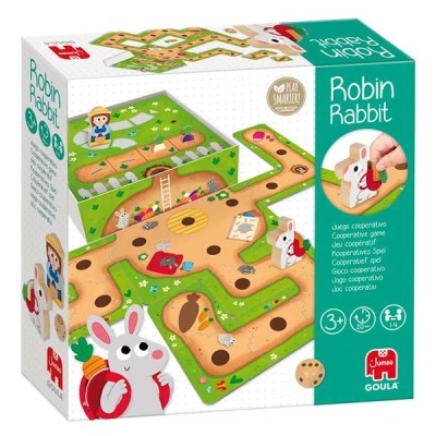 Caixa do jogo de tabuleiro Robin Rabbit com ilustrações de coelho e caminhos coloridos