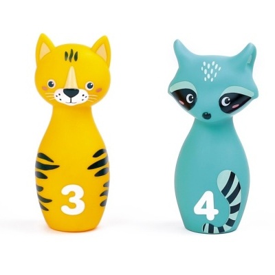 Conjunto de pinos de madeira de animais coloridos numerados de 1 a 5 e bola azul