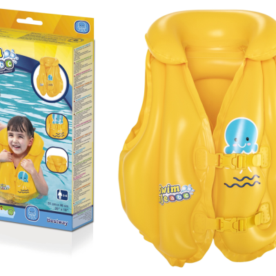 Colete salva-vidas infantil amarelo com desenho de polvo azul