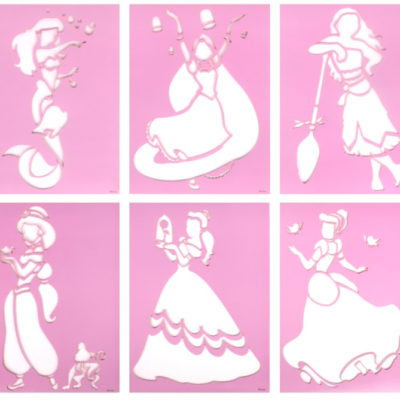 Seis moldes brancos de princesas em fundo rosa com silhuetas femininas e acessórios.