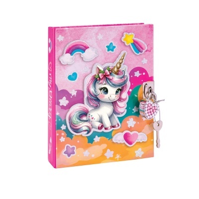 Caderno rosa com desenho de unicórnio e cadeado em forma de coração