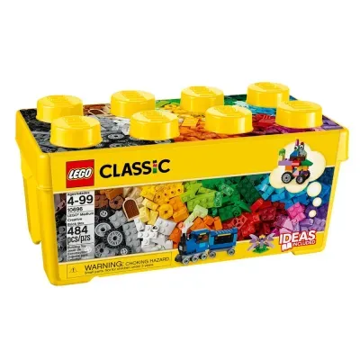 Caixa amarela de peças LEGO Classic com várias peças coloridas visíveis e texto informativo