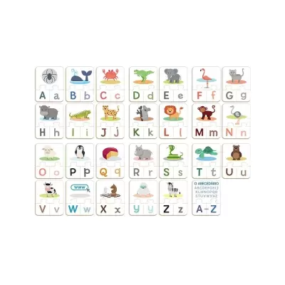 Peças de encaixe com letras do alfabeto e imagens de animais e objetos