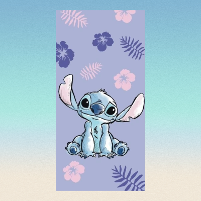 Toalha de banho azul com estampado do personagem Stitch e flores