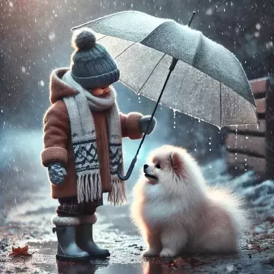 Criança com guarda-chuva transparente protegendo cão branco peludo na chuva