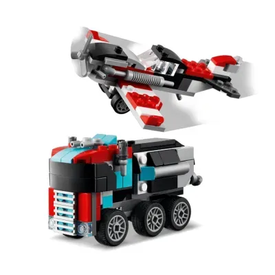 Blocos de montar avião vermelho branco preto e camião vermelho azul preto cinzento