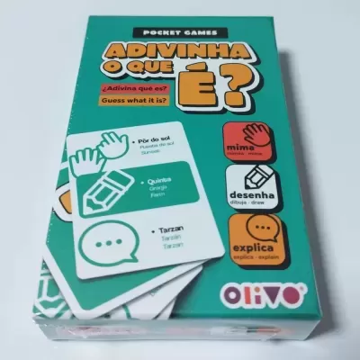 Jogo de cartas Adivinha o que é? em caixa verde com textos e ícones coloridos