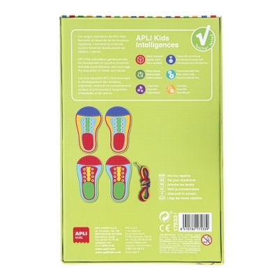 Embalagem verde do brinquedo educativo APLI Kids com sapatos coloridos e texto explicativo