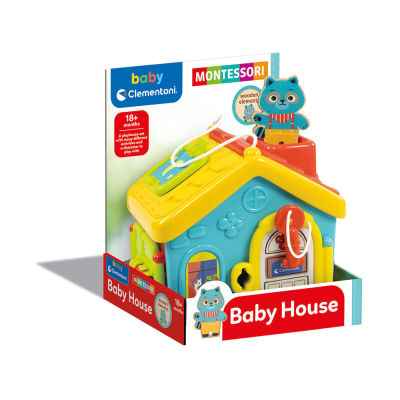 Brinquedo educativo Baby House da Clementoni em embalagem com cores azul, amarelo, vermelho e verde.