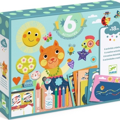 Caixa de atividades criativas Djeco com ilustrações de gatos, sol, árvores e materiais de arte