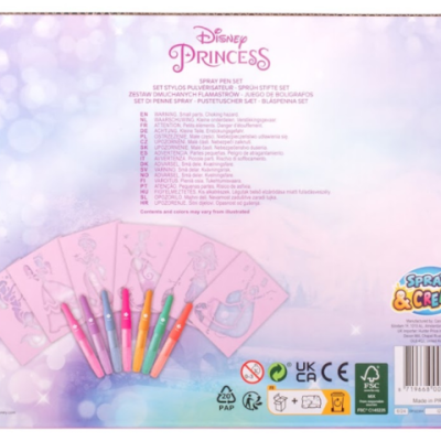 Conjunto Disney Princess Spray Pen Set com canetas coloridas e cartões de princesa na embalagem rosa e lilás