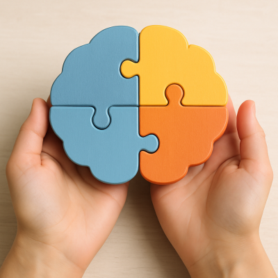 Peça de puzzle em forma de cérebro, colorida e segmentada em quatro partes, segurada por duas mãos.