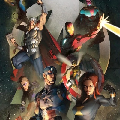 Super-heróis da Marvel com trajes coloridos contra fundo escuro com logo dos Avengers