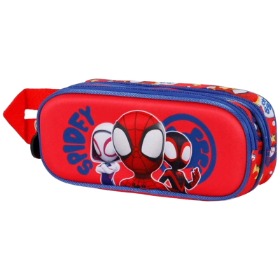 Estojo escolar vermelho e azul com estampas de personagens de Homem-Aranha