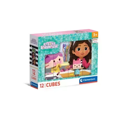 Puzzle de cubos Gabbys Dollhouse com 12 peças em embalagem rosa e turquesa