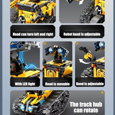 Robô amarelo com rodas de esteira e luzes azuis detalhando funcionalidades