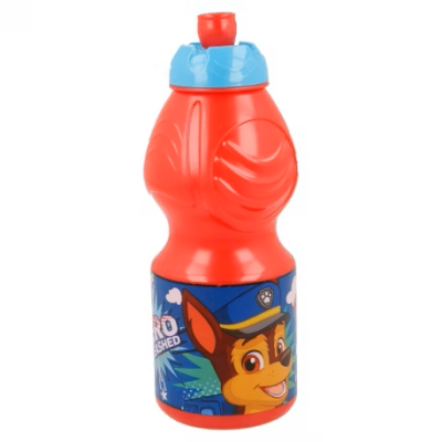 Garrafa de plástico infantil com personagem Paw Patrol e tampa azul