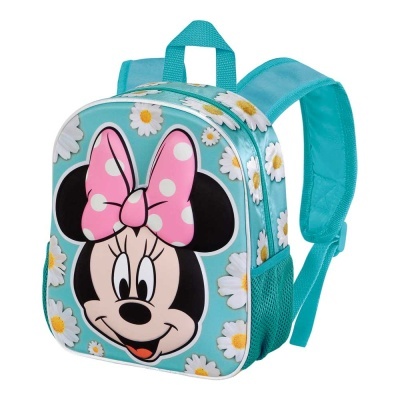 Mochila infantil azul com estampa da Minnie Mouse e flores brancas