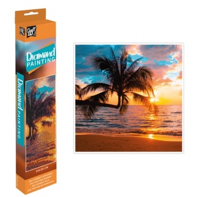 Kit pintura de diamante com cenário de pôr do sol e palmeira na praia