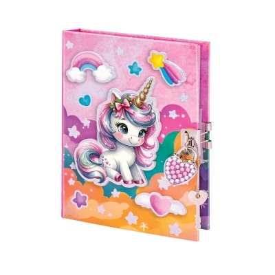 Caderno rosa com unicórnio e cadeado em forma de coração.