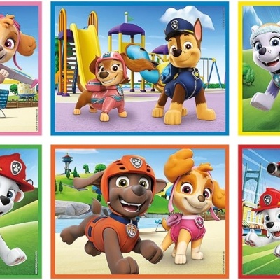 Seis imagens quadradas coloridas da Patrulha Pata em ambientes ao ar livre
