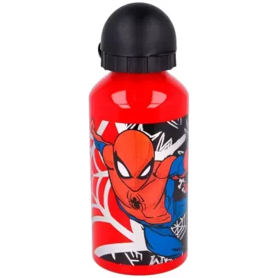 Garrafa vermelha com estampa do Homem-Aranha e tampa preta