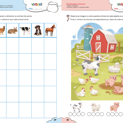 Livro educativo infantil com atividades sobre animais da quinta e alimentação.