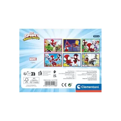 Embalagem com autocolantes Marvel Spidey and His Amazing Friends, várias imagens e texto, 16x12 cm, logo Clementoni