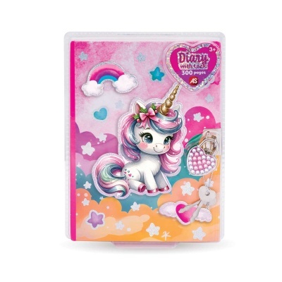 Caderno com capa rígida rosa com unicórnio, arco-íris e texto Diary with lock 300 pages 3+