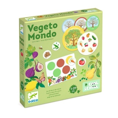 Caixa de jogo educacional Vegeto Mondo com ilustrações de frutas e vegetais