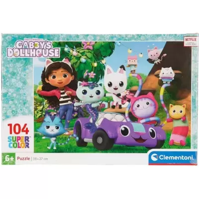 Quebra-cabeça Gabbys Dollhouse 104 peças com personagens coloridos da série e logótipos