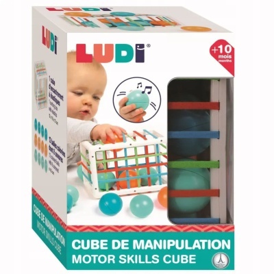 Embalagem de brinquedo educativo cubo de manipulação colorido com bolas azuis e laranja