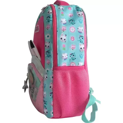 Mochila infantil rosa e azul com padrão de gatos e bolso de rede lateral