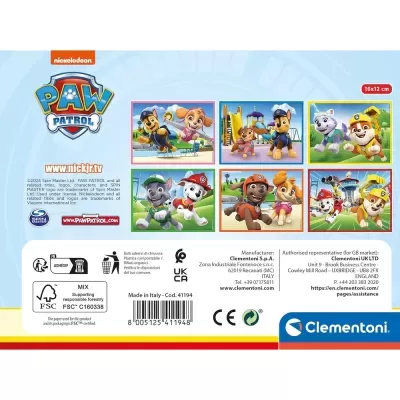 Parte traseira da caixa de puzzle Paw Patrol com imagens dos personagens e informações do fabricante