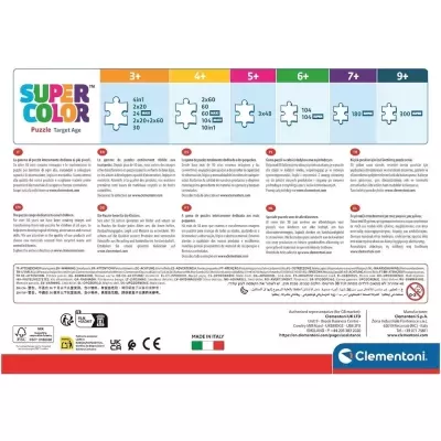 Embalagem traseira do puzzle Super Color com informações de idade e peças