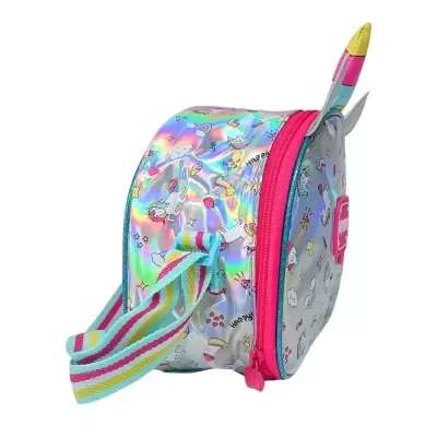 Mochila redonda infantil com estampa de unicórnios holográficos e alça colorida