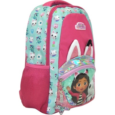 Mochila infantil rosa e azul com padrão de animais e orelhas de coelho