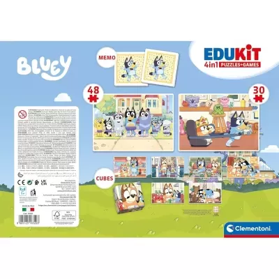 Embalagem traseira do jogo EDUKIT 4in1 PUZZLES+GAMES com personagens Bluey e várias imagens dos jogos incluídos.