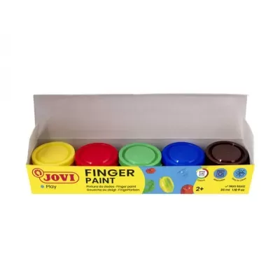 Conjunto de tintas de dedo JOVI em cinco cores numa caixa amarela