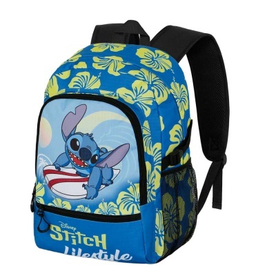 mochila azul com estampa floral amarela e personagem Stitch com prancha de surf