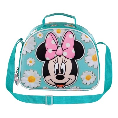 Mala infantil azul-turquesa com imagem da Minnie Mouse e padrão de margaridas