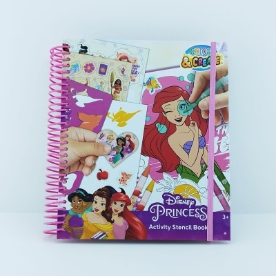 Caderno de atividades Disney Princess com capa colorida e espiral rosa